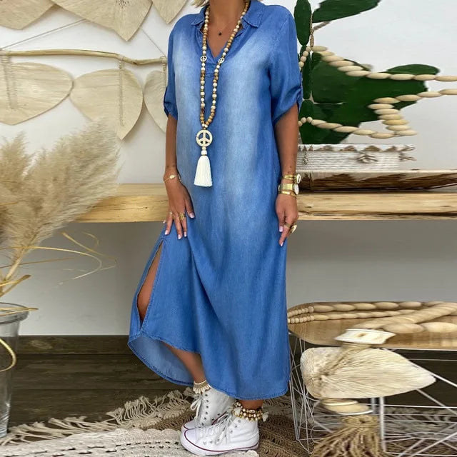 Lea | Long denim dress with side slit