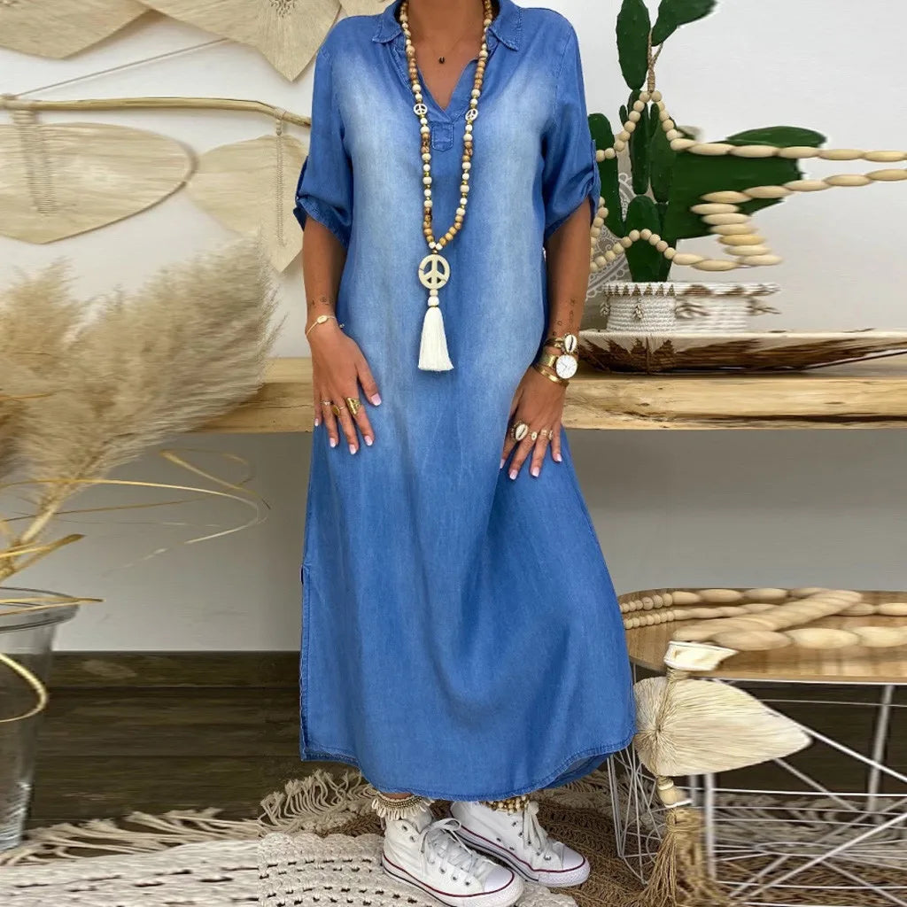 Lea | Long denim dress with side slit