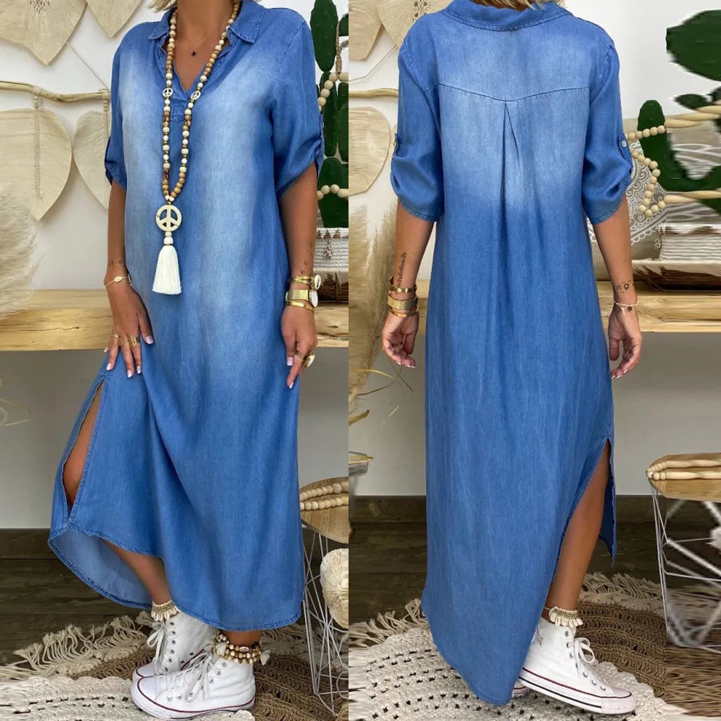 Lea | Long denim dress with side slit