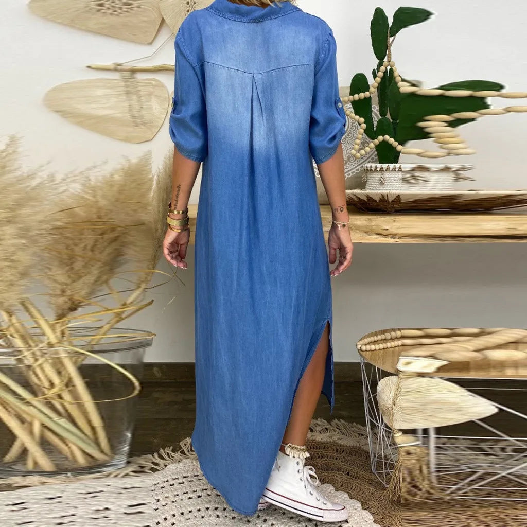 Lea | Long denim dress with side slit
